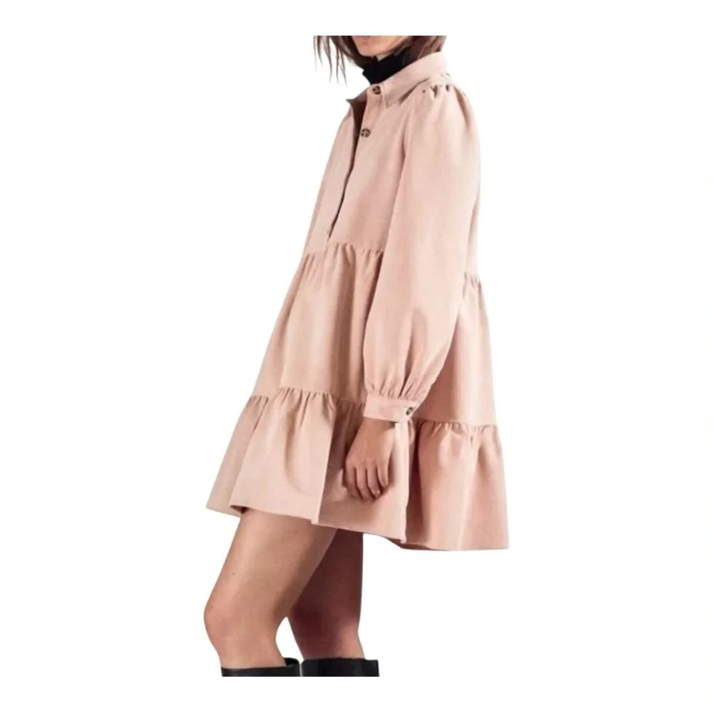 ZARA Pink Corduroy Babydoll Dress Size Small Tiered Casual Summer Spring Boho - Picture 6 of 11